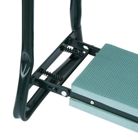 Close-up view of the Foldable Garden Kneeler Bench Stool With Soft Cushion Seat Pad and Tool Pouch showing folded steel frame and cushion.