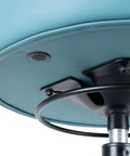 Bottom view of Heavy Duty 17 Inch Round Swivel Stool With Table Height Frame, showing aqua blue vinyl seat and metal base.