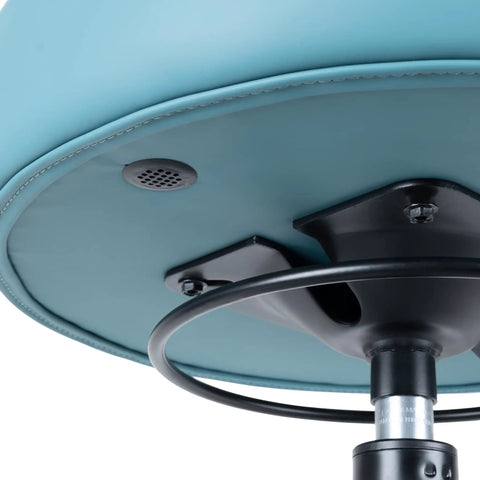 Bottom view of Heavy Duty 17 Inch Round Swivel Stool With Table Height Frame, showing aqua blue vinyl seat and metal base.