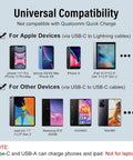 Universal compatibility chart for Apple and other devices using USB to Lightning and USB-C cables, showing device examples.