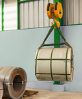 Powerlift Green Polyester Endless Round Sling lifting metal coil with heavy-duty equipment in industrial setting.