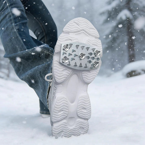 25 Teeth Anti Slip Shoe Covers For Winter Hiking Snow Walking And Skiing Portable Universal Traction Cleats For Sports And Casual Boots Durable Manganese Steel And TPR Rubber Design installed on boot sole