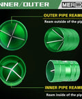 Green MERWOF pipe reamer for copper/PVC pipes; inner/outer deburring and chamfering tool, 1/4 to 1-5/8 in.