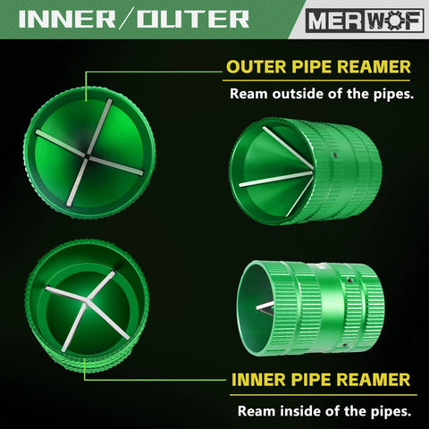 Green MERWOF pipe reamer for copper/PVC pipes; inner/outer deburring and chamfering tool, 1/4 to 1-5/8 in.