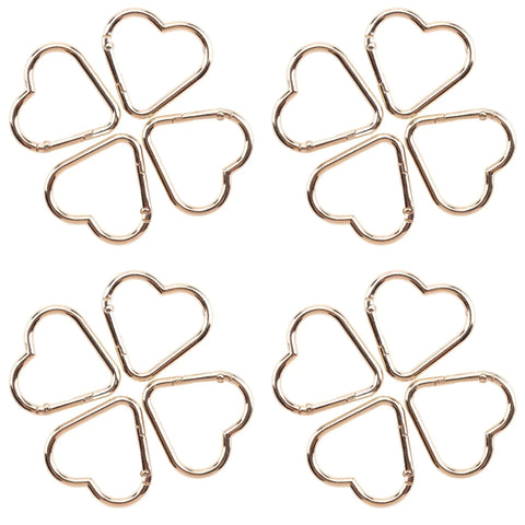 Gold Heart Carabiner Clips 16 Pack For Backpacks And Hiking Gear Lightweight Aluminum Alloy Spring Snap Hooks arranged in groups of four