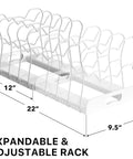 Built Tough Expandable Pan Rack With Ten Adjustable Compartments Heavy Duty Kitchen Pot Organizer, 12x22 inches, white steel, expandable design.