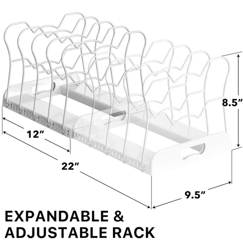Built Tough Expandable Pan Rack With Ten Adjustable Compartments Heavy Duty Kitchen Pot Organizer, 12x22 inches, white steel, expandable design.