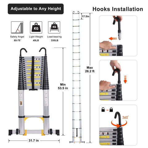 26.2 Foot Telescoping Aluminum Ladder With Hooks 330 Lb Capacity Multi Purpose Collapsible Ladder For Home Outdoor Work Lightweight Portable Extension Ladder, folded