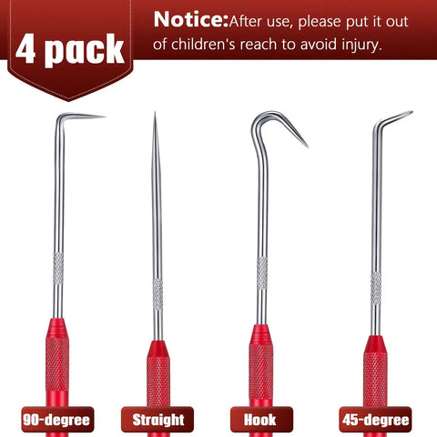 Professional Grade Grip Tight 4 Piece Hook And Pick Tool Set Double Pointed Scribe Kickass For Auto Oil Changes O Ring Removal Glue Scraping Durable Steel showing 90-degree, straight, hook, and 45-degree tools.