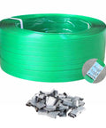 Rock Solid Green Pet Strapping Roll, 1000Ft By 5/8 Inch Wide Heavy Duty Baling Tape with metal buckles for secure loads.