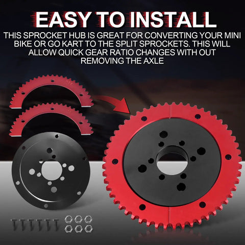 Universal 35 Chain 53T Split Sprocket With Adapter for Predator 212cc mini bikes, shown with red gear and black adapter