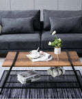 Rectangular Farmhouse Coffee Table With Handy Storage Shelf And Real Steady Iron Frame Rustic Brown Finished Cocktail Desk in living room