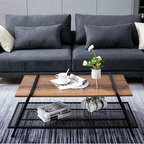Rectangular Farmhouse Coffee Table With Handy Storage Shelf And Real Steady Iron Frame Rustic Brown Finished Cocktail Desk in living room