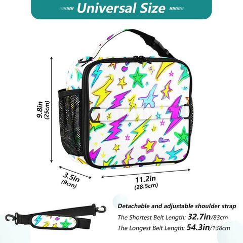 Colorful Lightning Bolt Insulated Lunch Bag With Shoulder Straps For Office School And Travel Your Go To Cooler That Keeps Meals Fresh In A Spacious Main Compartment With Two Side Mesh Pockets Durable Polyester Tote For Kids Women And Men, 11.2in