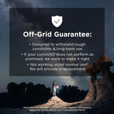 Person holding Go To Solar Camping Lantern With 8 Color Modes in dark rocky landscape, featuring the Off-Grid Guarantee text.