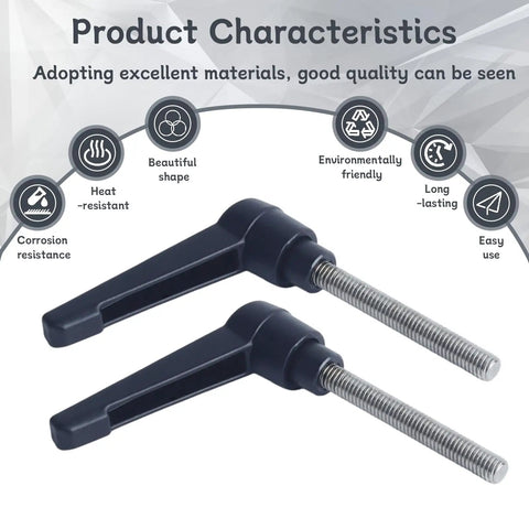 Heavy Duty Clamping Lever Handles With Quick Release Push Button Locking, 304 Stainless Steel M6 X 45mm Stud, Black Non Slip Grip, Rock Solid Hold For Serious Workbenches And Weekend Warrior Builds, 6 Pack showing two handles with stud and grip.