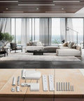 Aluminum 3D Adjustable Door Flag Hinge with Silent Close Buffer displayed in modern living room setting