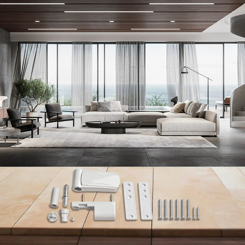 Aluminum 3D Adjustable Door Flag Hinge with Silent Close Buffer displayed in modern living room setting