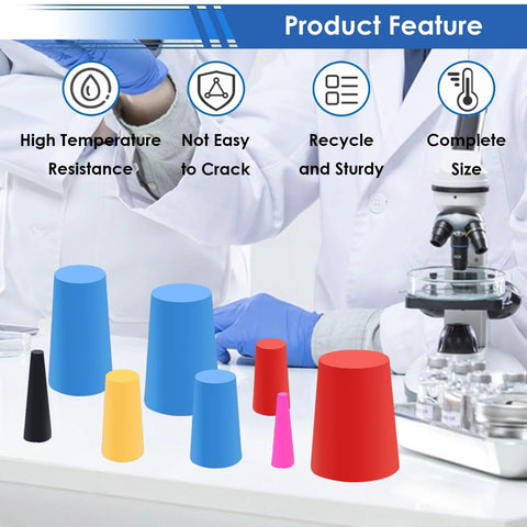 Forty Piece Eight Sizes Silicone Rubber Tapered Plugs Set High Temperature Up To Six Hundred Fahrenheit for lab use display