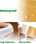 Classic Maple Wood Grain Repair Tape For Fast Furniture Touch Ups. Waterproof, self-adhesive roll demonstrated on wet surface.