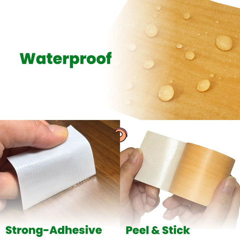 Classic Maple Wood Grain Repair Tape For Fast Furniture Touch Ups. Waterproof, self-adhesive roll demonstrated on wet surface.