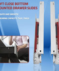 Frameless 20 Inch Soft Close Bottom Mount Drawer Slides Beefy Full Extension Ball Bearing Hidden Undermount Runners Concealed Rails Locking Devices And 75 Lb Load Capacity Pack Of 10 Pairs displayed vertically with installation scene