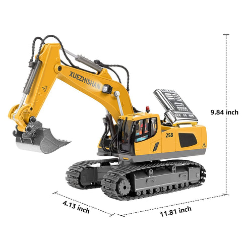 Remote-control excavator toy, yellow construction machine with gray tracks and swinging bucket.