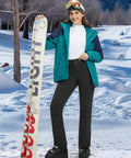 Waterproof Softshell Winter Ski Pants For Women, Fleece Lined Insulated Snow Pants For Snowboarding And Hiking, Windproof And Pockets, Durable Black XS worn by woman with ski gear in snowy landscape.