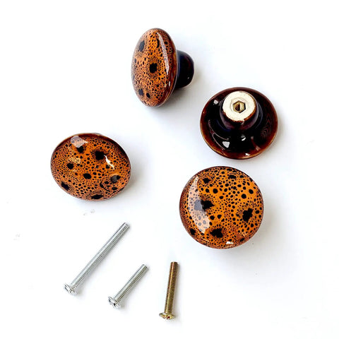 Top Notch Handpainted Ceramic Mushroom Knobs For Dresser Drawers And Kitchen Cabinets 15 Pack, brown speckled knobs with screws.