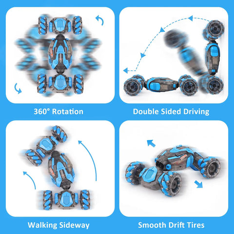 Sensing RC Stunt Car For Kids With 2.4GHz Hand Remote, Gravity Sensing Watch Control, showing 360° rotation and double-sided driving.