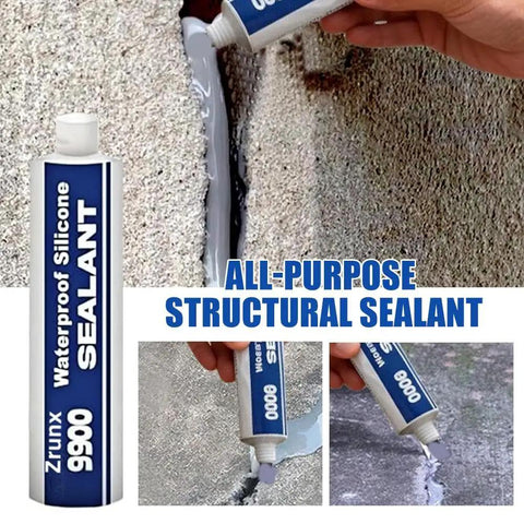 Heavy Duty 9900 White Silicone Structural Sealant Waterproof Adhesive for Roofing Bathroom Construction DIY Repairs Knockout Bonding Compound Game Changer Caulking Tube applied on a textured surface.