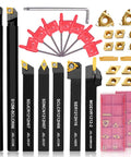Pro Grade 21 Piece Indexable Lathe Tool Kit with 7 boring bars, 14 carbide inserts, and 8 wrenches displayed on white background.