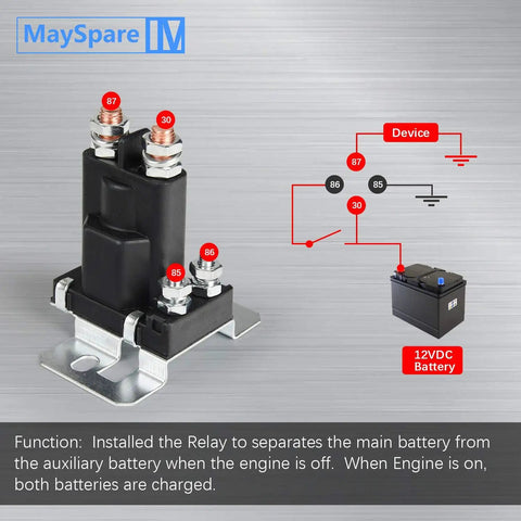 80 Amp 12V Continuous Duty Solenoid Battery Isolator And Starter Relay For Your Ride 4 Pin SPST Normally Open With Copper Contacts High Current Switching Up To 500A In 5ms Durable White Housing, shown with labeled connections and a 12VDC battery diagram.