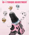 18+1 torque adjustment on pink 20V Max Cordless Drill Kit with 3/8 inch keyless chuck for home DIY projects.
