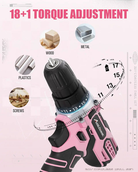 18+1 torque adjustment on pink 20V Max Cordless Drill Kit with 3/8 inch keyless chuck for home DIY projects.