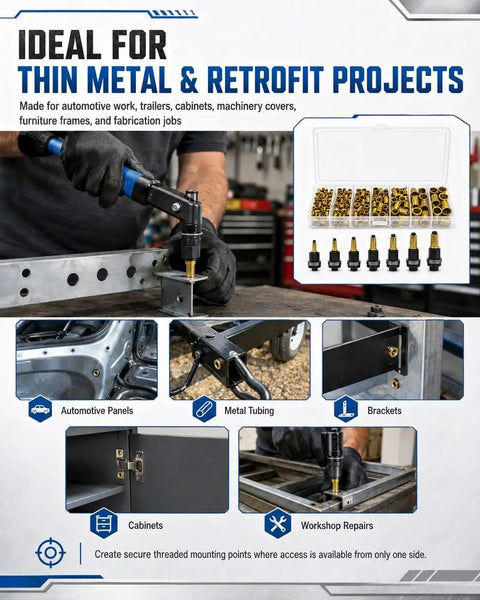 Heavy Duty Carbon Steel Rivet Nut Tool Set With Metric Mandrel Head For Installing Threaded Inserts In Sheet Metal Perfect For Home Garage And Fabrication Shops on thin metal