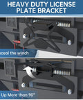 Universal Flip Up License Plate Mount For 10 Inch Hawse Fairlead Front Bumper Off Road Ready Bracket For Pickups And SUVs Compatible With Winches Rope Guides And Hook Systems black steel bracket on bumper, flip-up license plate mount, 10-inch hawse fairlead