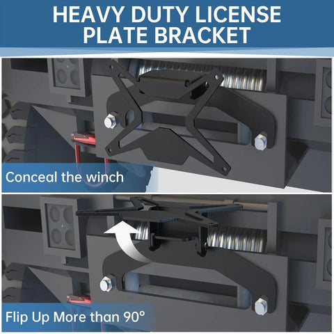 Universal Flip Up License Plate Mount For 10 Inch Hawse Fairlead Front Bumper Off Road Ready Bracket For Pickups And SUVs Compatible With Winches Rope Guides And Hook Systems black steel bracket on bumper, flip-up license plate mount, 10-inch hawse fairlead