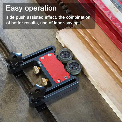 Heavy Duty Aluminum Alloy Table Saw Feeding Roller Guide With Ball Bearings For T Track Woodworking Fences on table.