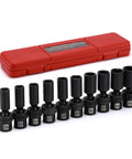 Three Eighths Inch Drive Shallow Universal Impact Socket Set Built Tough For Tight Spots 6 Point Metric CrMo Swivel Head Includes 8mm Through 22mm 15 Piece Chrome Molybdenum Steel With Black Phosphate Finish And Flexible Reach in red case