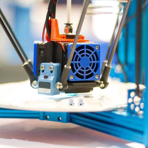 3D printer belt drive close-up with two GT2 aluminum alloy pulleys and bearings, 14mm x 6mm