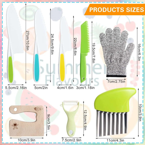 8-piece kids' wooden kitchen knife set with plastic toddler-safe knives, cutting board, peeler, gloves