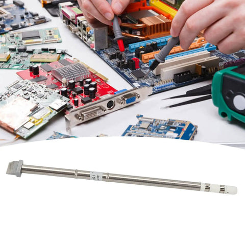 Top Tier Chisel Soldering Iron Tip T12 for fast heating, shown with circuit boards and soldering tools in background.