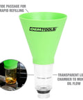 No Spill Oil Funnel Kit With 8 Attachments And Transparent Chamber For Direct Fit Threaded Filler Necks Compatible With Chrysler Ford Mazda GM Honda Toyota And Lexus featuring green funnel with transparent chamber for oil flow monitoring