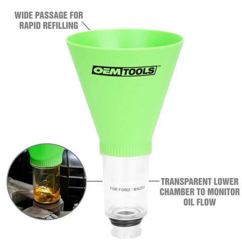 No Spill Oil Funnel Kit With 8 Attachments And Transparent Chamber For Direct Fit Threaded Filler Necks Compatible With Chrysler Ford Mazda GM Honda Toyota And Lexus featuring green funnel with transparent chamber for oil flow monitoring