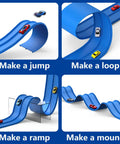 15 Ft Flexible Race Track Kit For 1:64 Diecast Cars, showcasing jump, loop, ramp, and mound setups with blue tracks