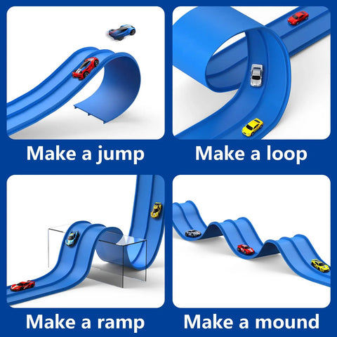 15 Ft Flexible Race Track Kit For 1:64 Diecast Cars, showcasing jump, loop, ramp, and mound setups with blue tracks