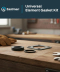 Eastman 60050 universal water heater element gasket kit, black rubber gaskets (round and square) on a wood workbench.