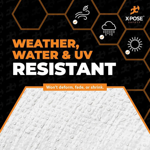 Close-up of heavy duty white poly tarp showing water resistance, labeled with weatherproof features, for Heavy Duty White Poly Tarp 7' X 20' Multipurpose Protective Cover Built Tough With Extra Thick 12 Mil Polyethylene Waterproof Weatherproof Rip And Tear Resistant For Equipment Machinery Construction Outdoor Gear And More