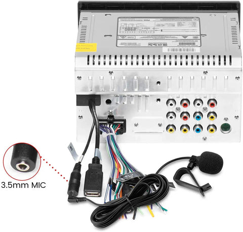 Back view of head unit showing 3.5mm Car Microphone Assembly For Head Unit With Bluetooth Enabled Stereo GPS DVD, wiring details visible